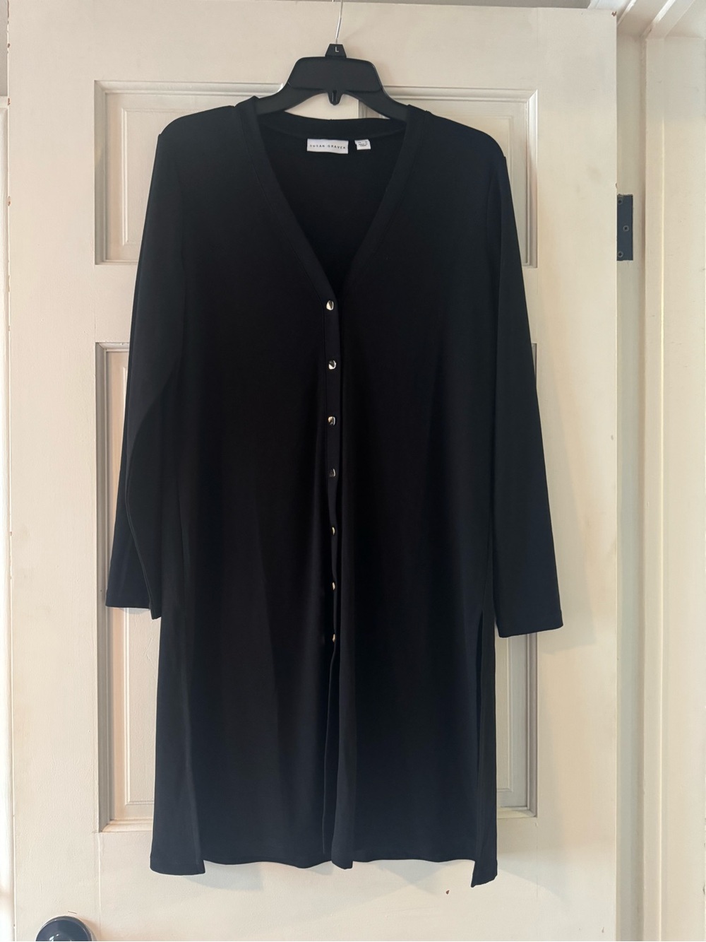 Susan Graver Black Long Sleeve V-Neck Button Dress